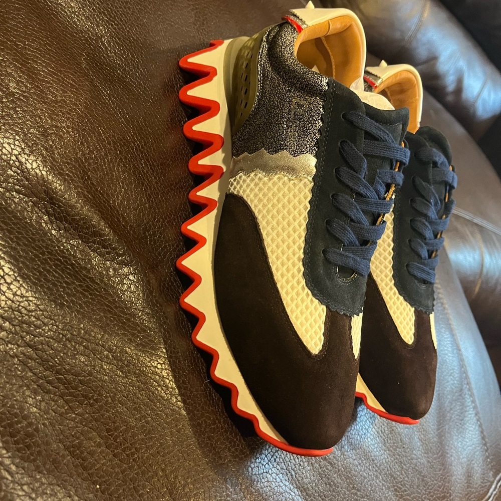 Christian Louboutin Black and Cream Sneakers with Red Soles